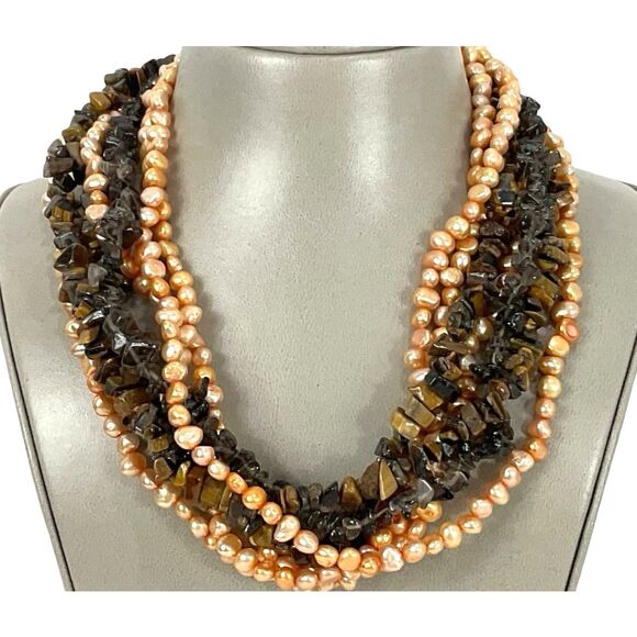 Chunky Bohemian Multistrand Pearl TIgers Eye Quartz Smokey Quartz Sterling 21in - Picture 1 of 5